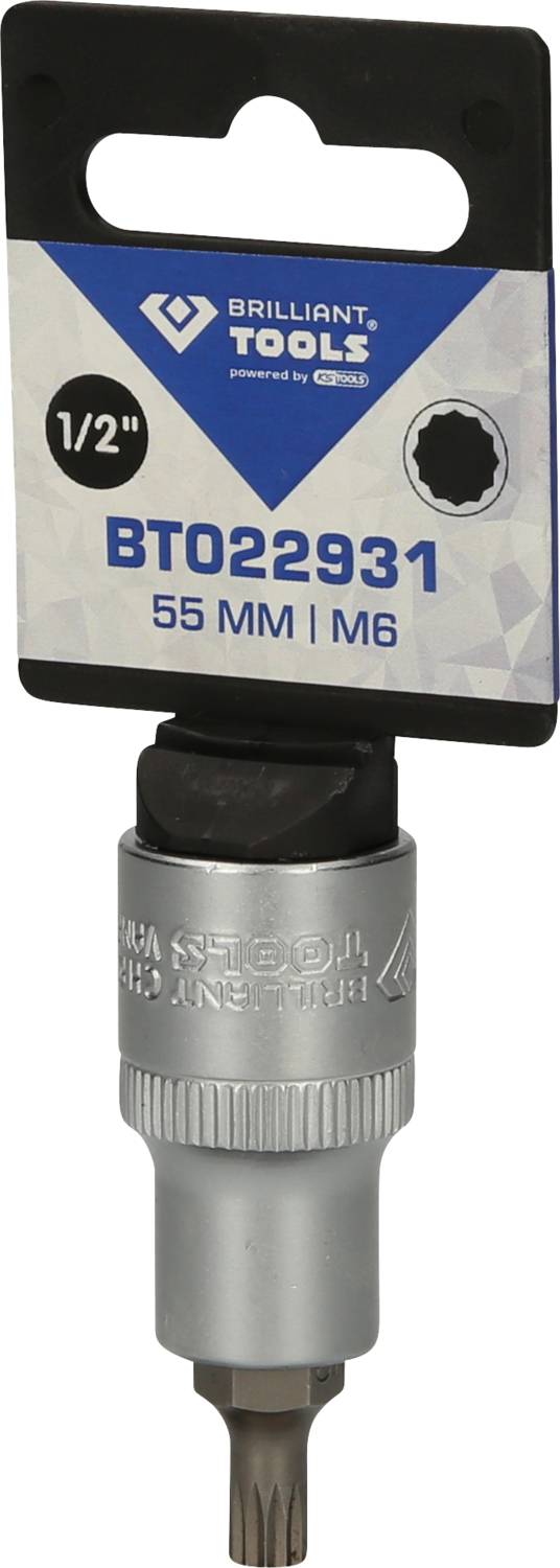 Wkładka Brilliant Tools BT022931, 1/2", 55 mm, M6. Opakowanie i bit z profilem Torx widoczne. Przeznaczona głównie do użytku w narzędziach.