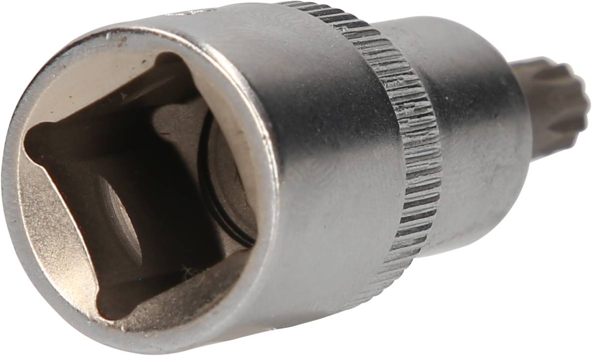 Zbliżenie srebrnego końcówki wkrętaka o cylindrycznym kształcie, z wyprofilowaną krawędzią zapewniającą lepszy chwyt.