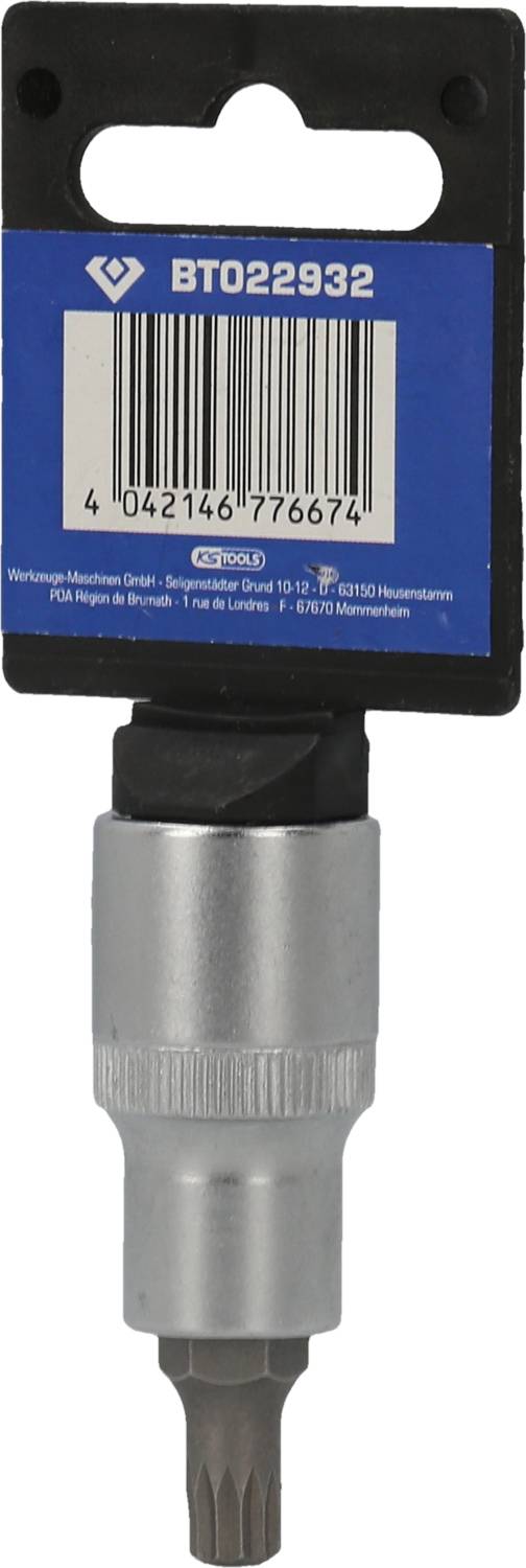 Nakładka klucza trzpieniowego w kolorze srebrnym z niebieskim opakowaniem. Na górze znajduje się kod 'BT022932' oraz kod kreskowy. Odpowiednia do wkrętów Torx.