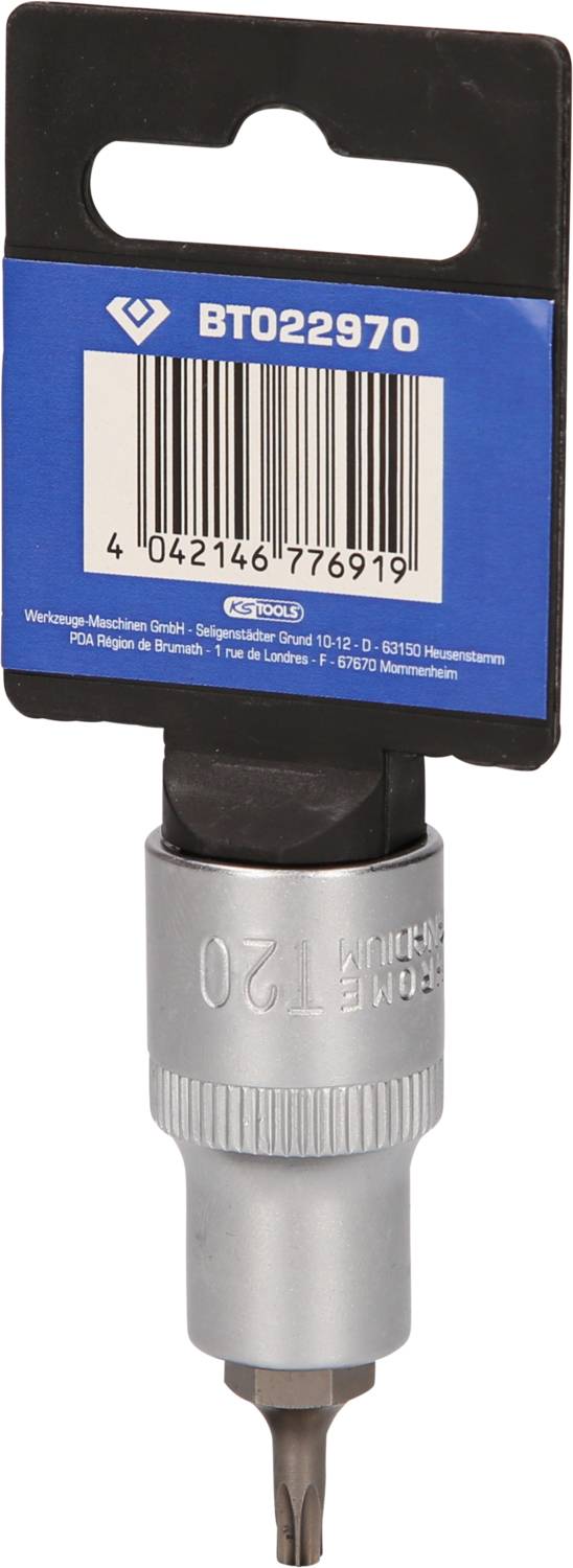 Srebrny bit wkrętaka z niebieską etykietą zawierającą kod kreskowy (4042146776919) oraz kod produktu (BT022970).