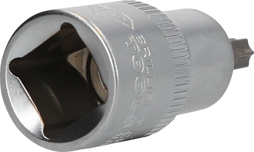 Srebrny nasadowy klucz nasadowy (o przekroju kwadratowym) z wyraźnie prążkowaną powierzchnią i otworem do klucza Torx.