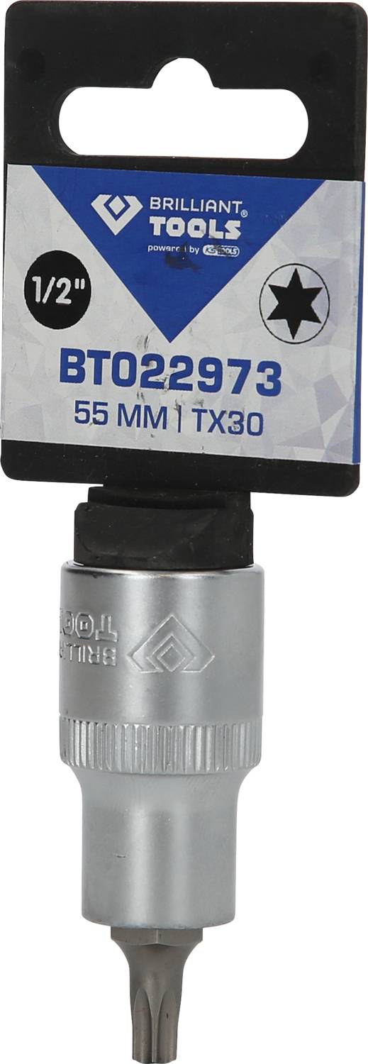 Wiertło metalowe firmy Brilliant Tools, numer modelu BT022973, długość 55 mm, głowica TX30, odpowiednie do klucza 1/2 cala.