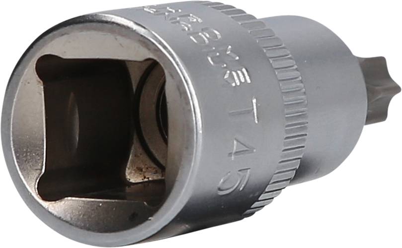Adapter śrub metalowych z powierzchnią srebrną, prostokątną wkładką i wytłoczonim napisem 'T45'.