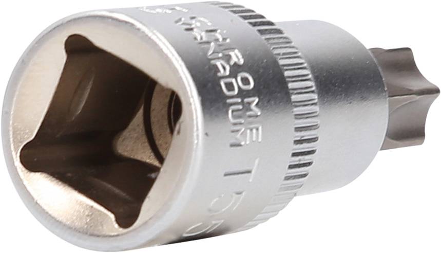 Srebrny adapter śrubowy z zakończeniem w kształcie gwiazdy, przeznaczony do dokręcania lub odkręcania specjalnych śrub.