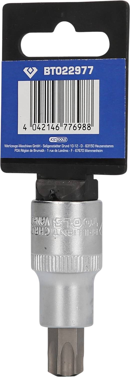 Element mocujący (bitschrauber) z niebieską etykietą 'BT022977'. Zawiera kod kreskowy i informacje producenta w górnej części etykiety.