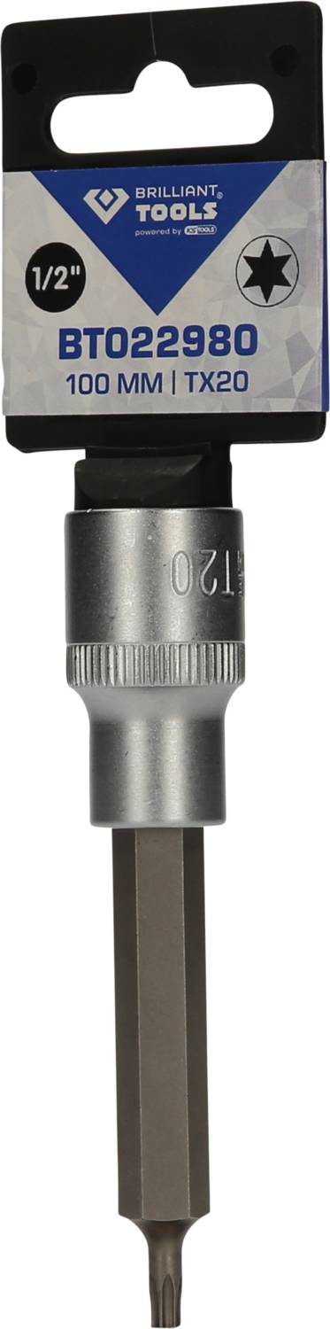 Bit 'Brilliant Tools', Model BT022980, długość 100 mm, TX20, napęd 1/2 cala, kolor srebrny, do użytku przemysłowego.