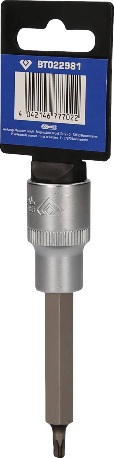 Wiertło z sześciokątnym uchwytem i gwiaździstym zakończeniem, zamocowane na niebieskim opakowaniu z czarną etykietą i kodem kreskowym u góry.