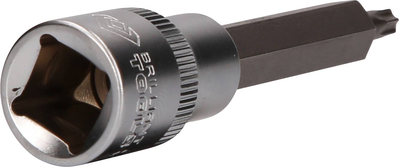 Srebrny uchwyt klucza z czarnym wkładem o profilu T. Narzędzie służy do dokręcania śrub.