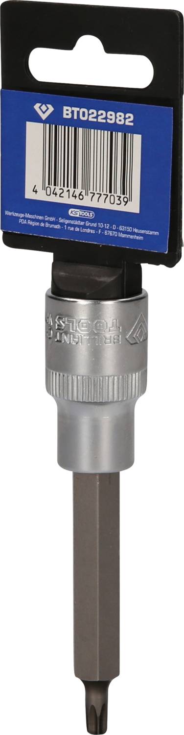 Bit wkrętakowy z niebieską etykietą, kodem kreskowym i numerem modelu 'BT022982'. Srebrna metalowa tuleja i sześciokątny trzpień.