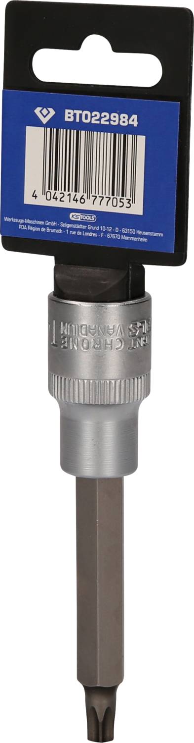 Bit wkrętaka o kształcie główki T oraz srebrnej tulei, zamocowany na niebieskiej karcie z kodem kreskowym i numerem produktu.