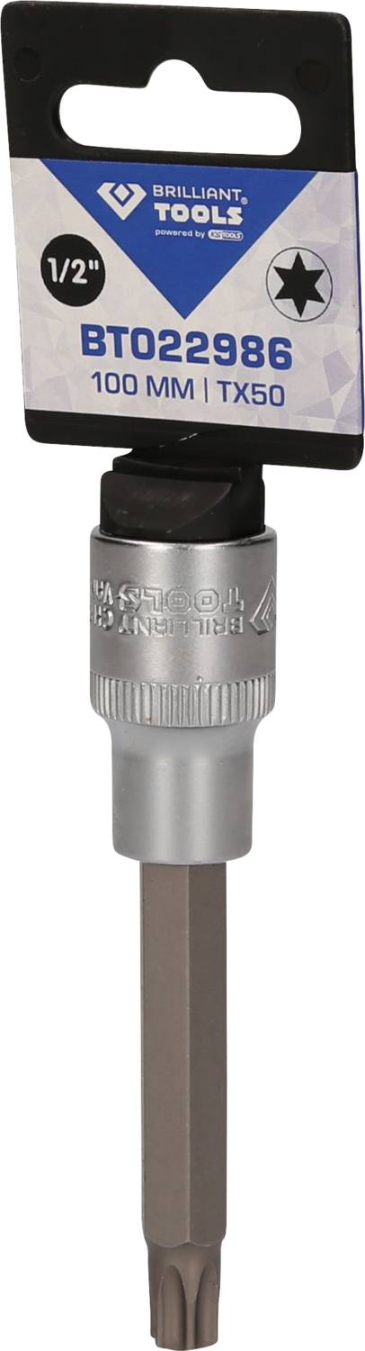Nasadka narzędziowa, 1/2 cala, TX50, długość 100 mm, marki 'Brilliant Tools', z sześciokątnym chwytem i zawieszką opakowaniową.
