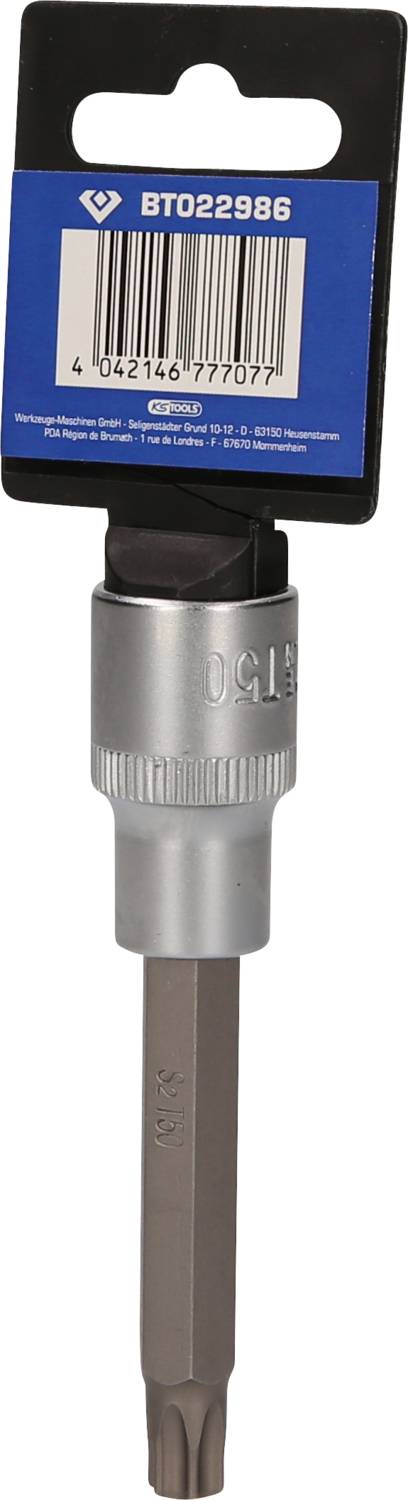 Metalowy klucz z czarno-niebieską etykietą opakowania z numerem 'BT022986'. Odpowiedni do prac mechanicznych.