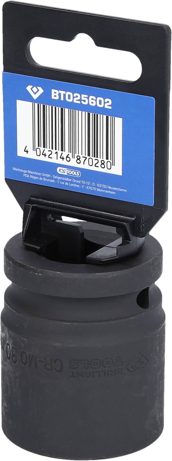 Czarny klucz nasadowy z niebieską kartą opakowaniową na górze. Na karcie znajduje się kod kreskowy oraz numer 'BT025602'.