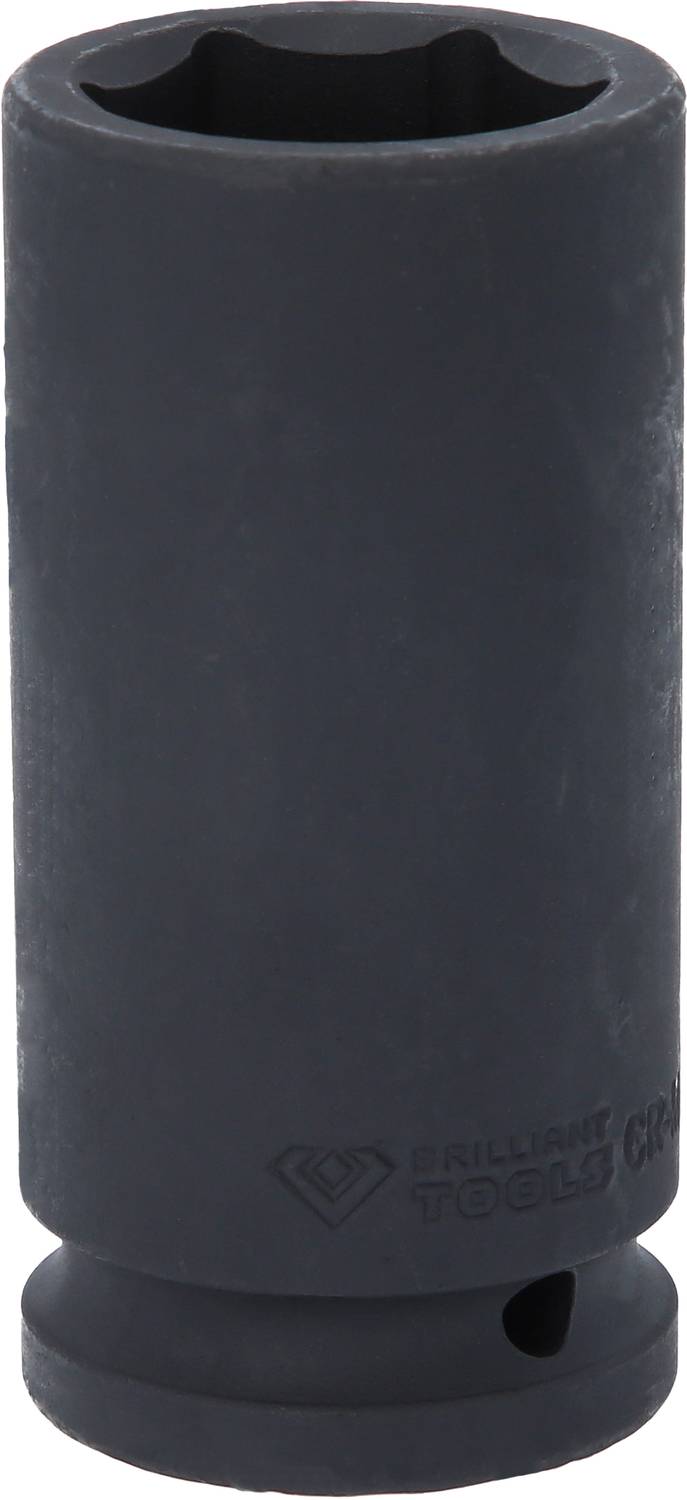 Czarny metalowy nasadowy klucz sześciokątny, o kształcie cylindrycznym, przeznaczony do odkręcania śrub i nakrętek w zastosowaniach technicznych.