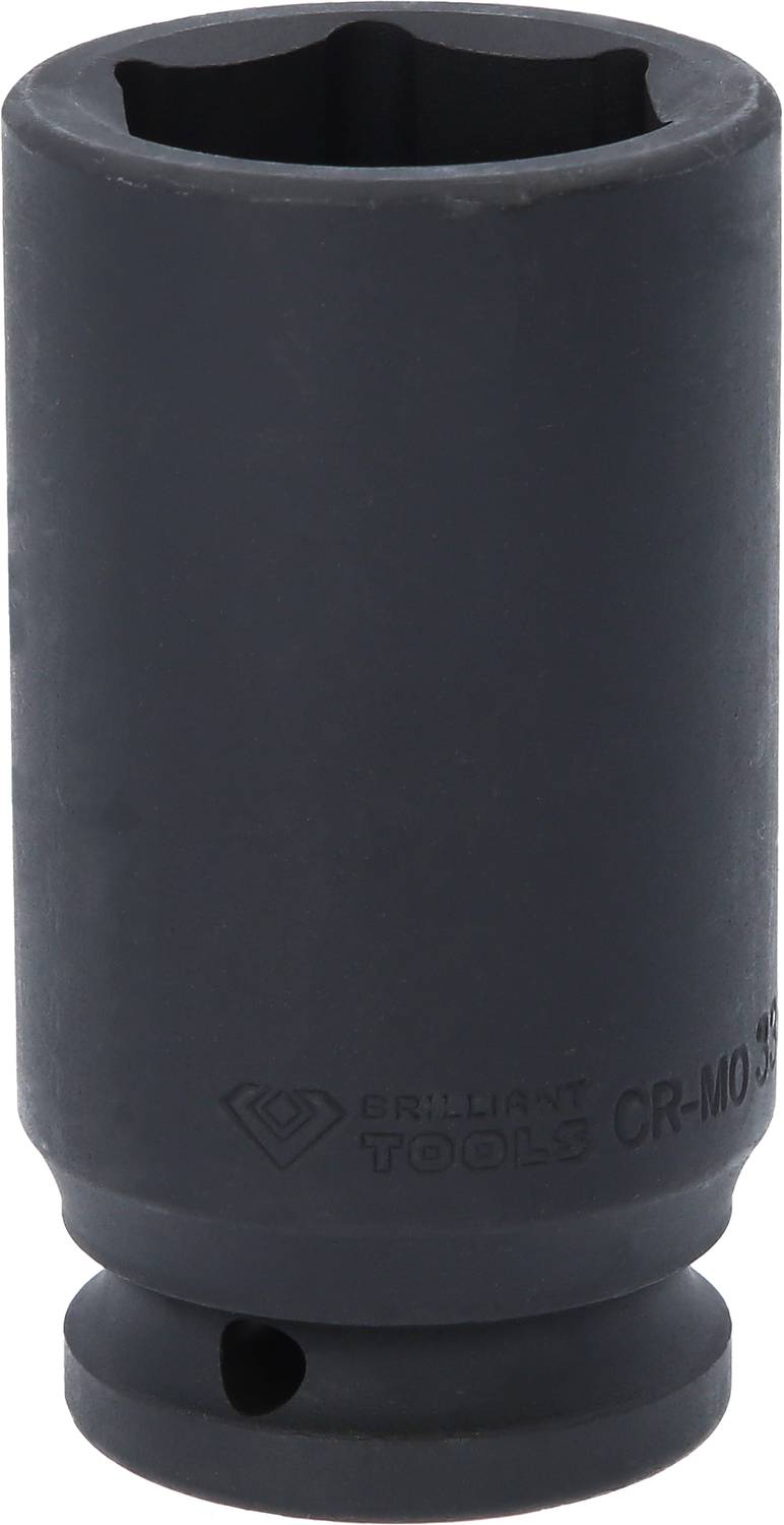 Czarny nasadowy klucz udarowy do prac śrubowych, wykonany z wytrzymałego materiału, o kształcie cylindrycznym, z nadrukiem marki 'Brilliant Tools'.