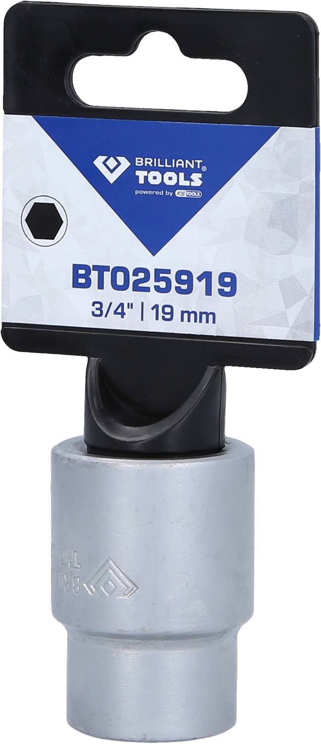Nasadka 3/4 cala, 19 mm firmy Brilliant Tools, numer artykułu BT025919, zamontowana na wsporniku opakowania.