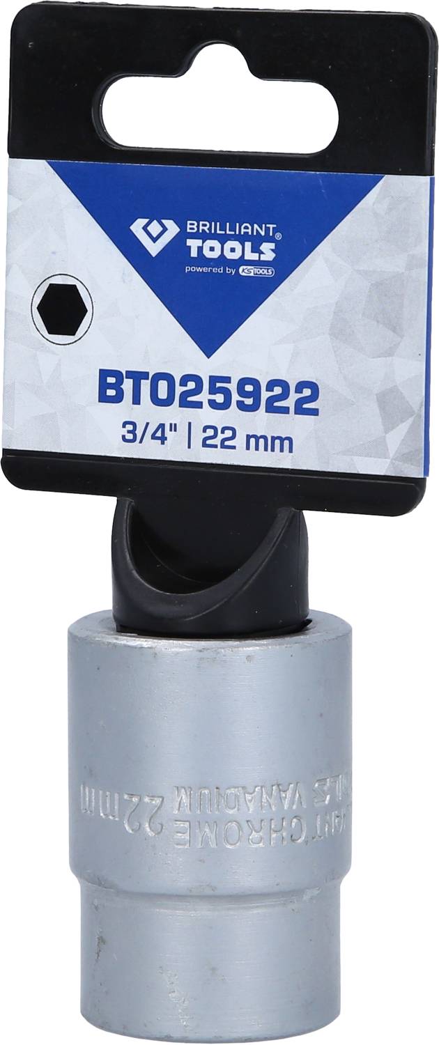 Narzędzie do nakrętek, marka Brilliant Tools, numer modelu BT025922, rozmiar 3/4 cala i 22 mm, zawieszone na haczyku do prezentacji.