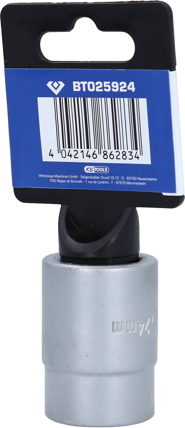 Srebrna nakrętka z etykietą i kodem kreskowym. Odpowiednia do użycia w gniazdach klucza, z podanym rozmiarem na boku.