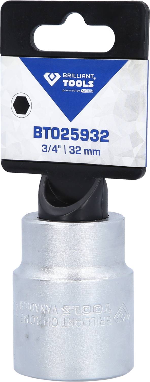 Nasadka klucza zapadkowego z metalu o rozmiarze 3/4" lub 32 mm. Opakowanie firmy 'Brilliant Tools'.