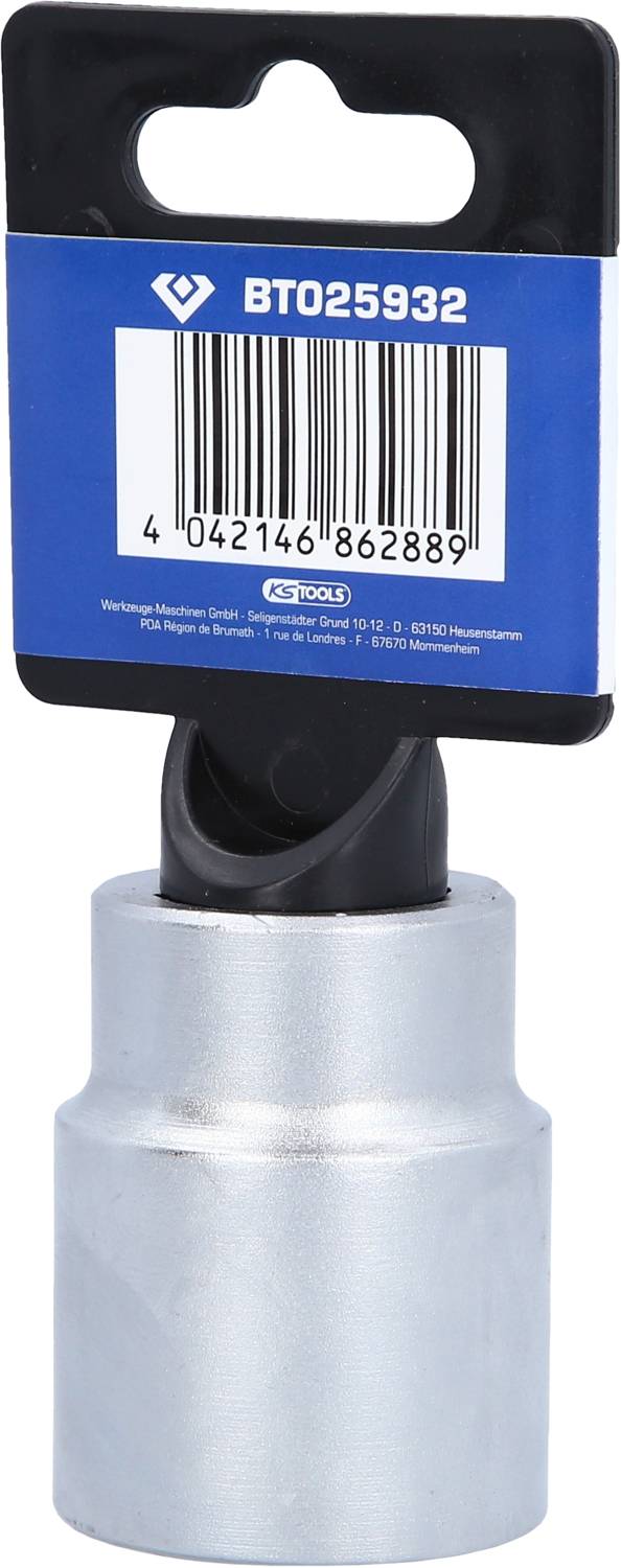 'Wtyczka z numerem artykułu BTO25932, wyposażona w uchwyt i kod kreskowy, prezentowana na niebieskiej karcie opakowaniowej.'