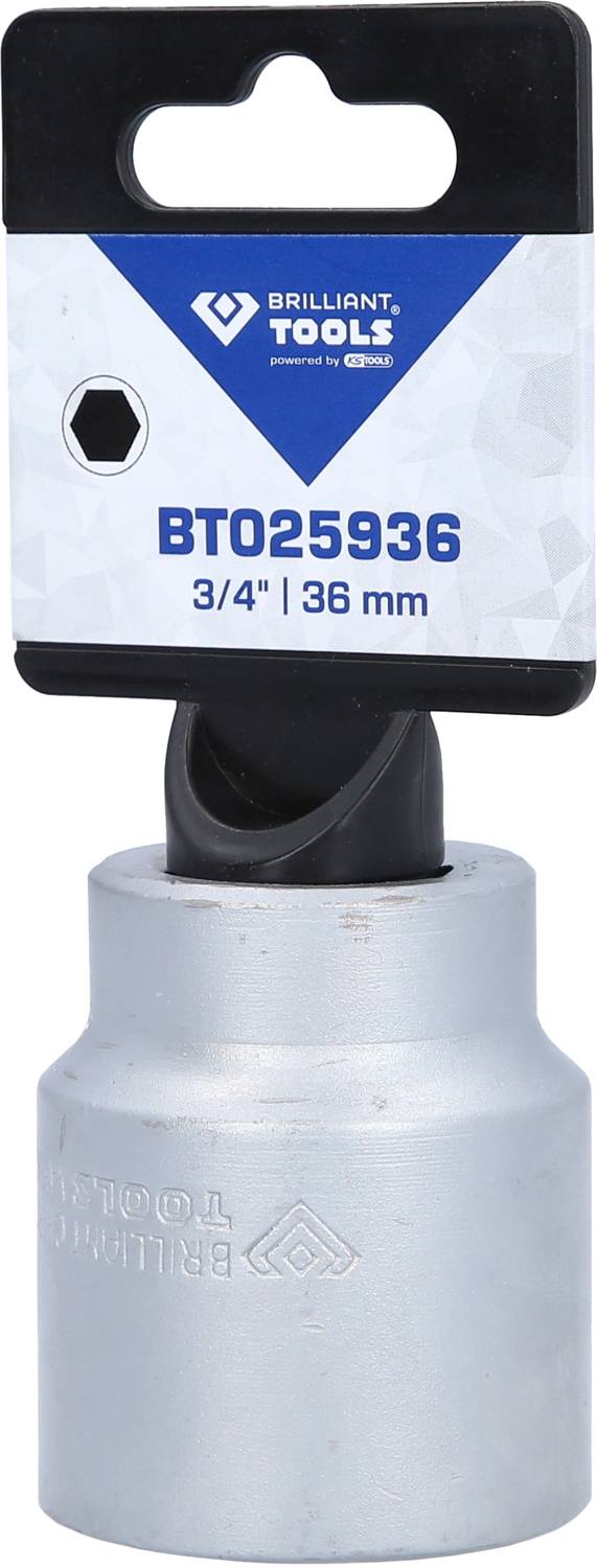 Klucz nasadowy 3/4 cala, 36 mm, marki Brilliant Tools, o srebrnej metalowej powierzchni, zamocowany na czarnym plastikowym haku.