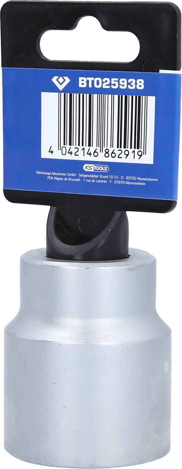 Klucz nasadowy ze stali chromowo-wanadowej z kodem kreskowym, w kolorze srebrnym. Zapakowany w plastik z niebieską kartą i numerem produktu 'BT025938'.