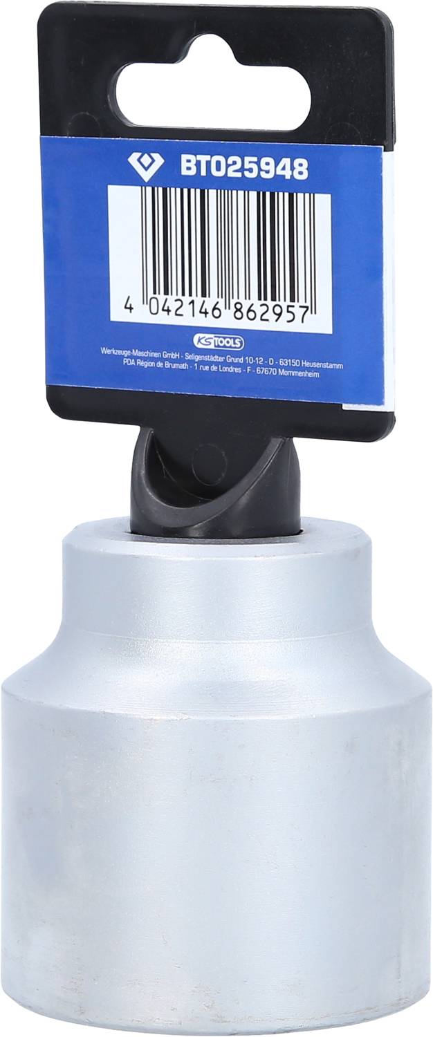 Metalowe narzędzie z niebieską etykietą na górze i kodem kreskowym.