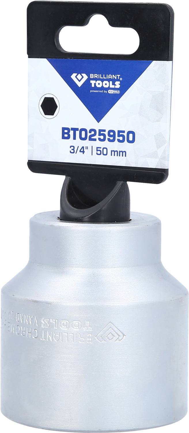 Nasadka klucza 'Brilliant Tools', 3/4 cala, 50 mm, w srebrnym wykonaniu metalowym z zawieszką do prezentacji sklepowej.