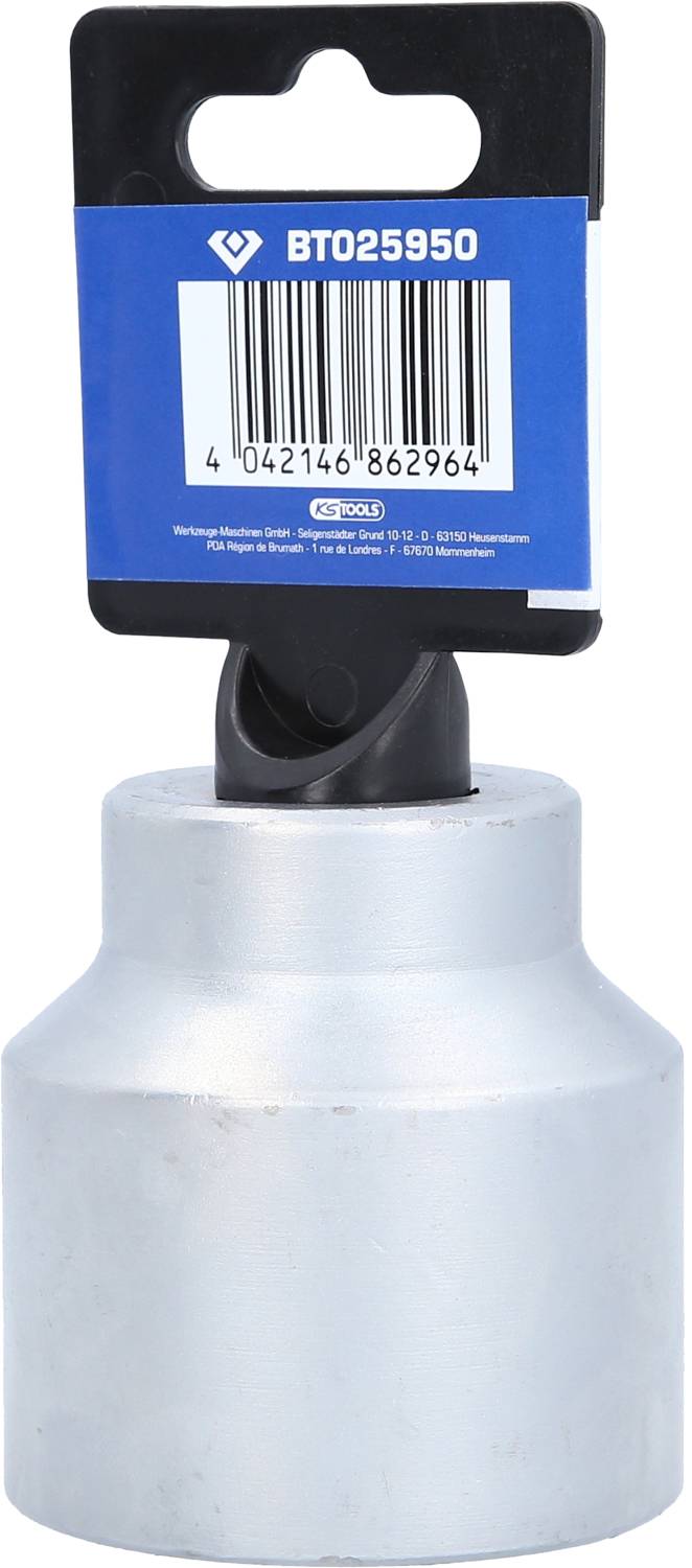 'Duży metalowy adapter ze standardowym złączem i etykietą towaru z kodem kreskowym, odpowiedni do narzędzi lub maszyn.'