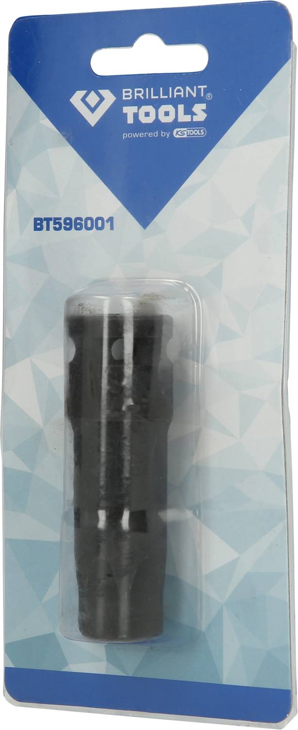 'Brilliant Tools BT596001', zapakowane gniazdko elektryczne w opakowaniu blistrowym z niebieskim tłem i logo marki.