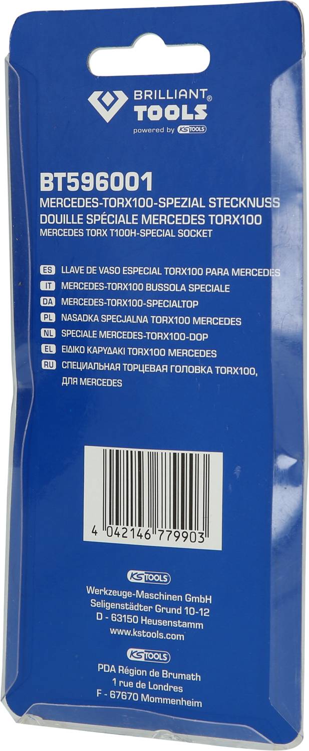 Niebieska etykieta opakowania dla specjalistycznego narzędzia firmy Brilliant Tools, model BT596001, zawierająca wielojęzyczne informacje o produkcie.
