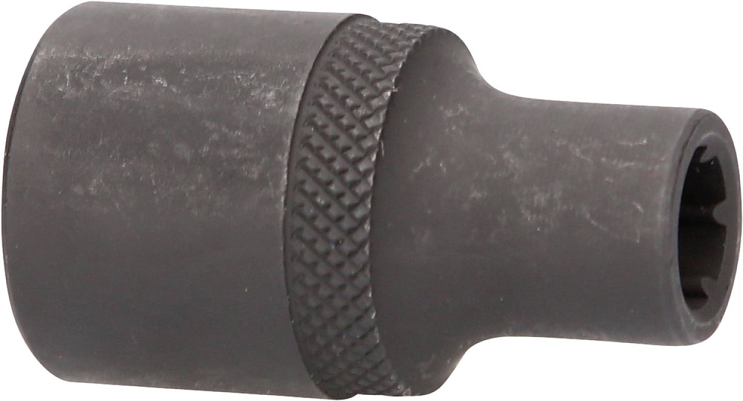 Czarny klucz nasadowy z żebrowanym uchwytem i sześciokątnym otworem, odpowiedni do prac mechanicznych.