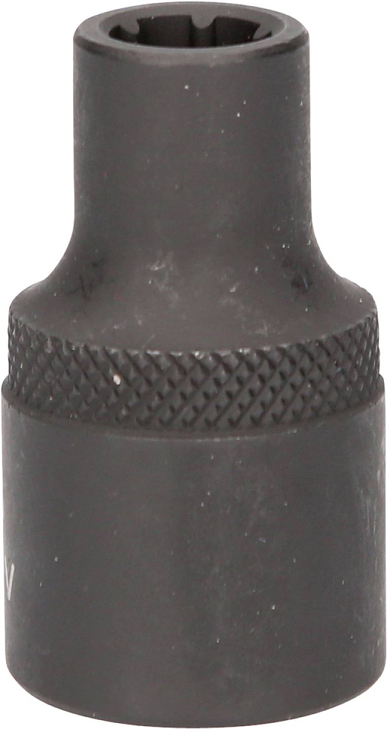 Czerniona sześciokątna nasadka, wykonana głównie ze stali, z żłobkowanym uchwytem zapewniającym lepszą przyczepność.