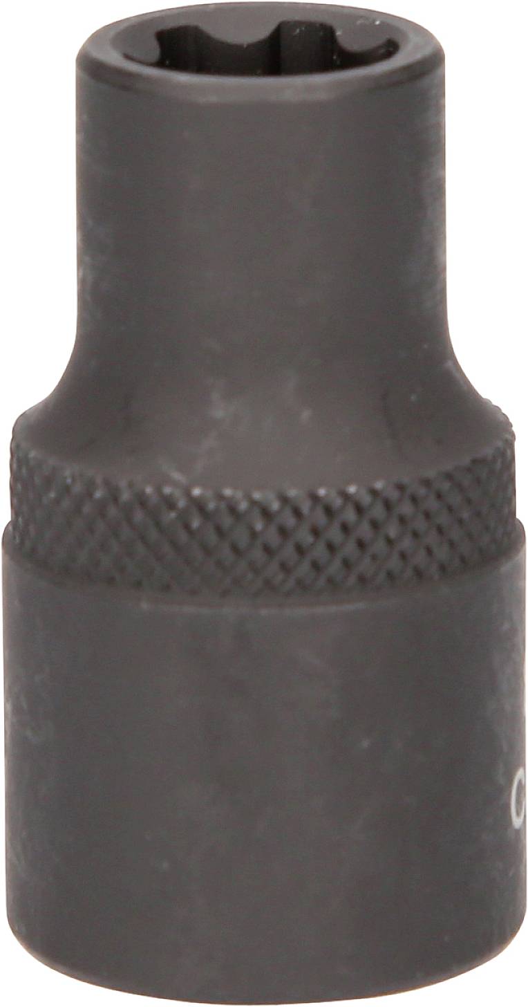 Czarny klucz nasadowy o rowkowanej powierzchni, w kształcie cylindra, używany do prac mechanicznych.