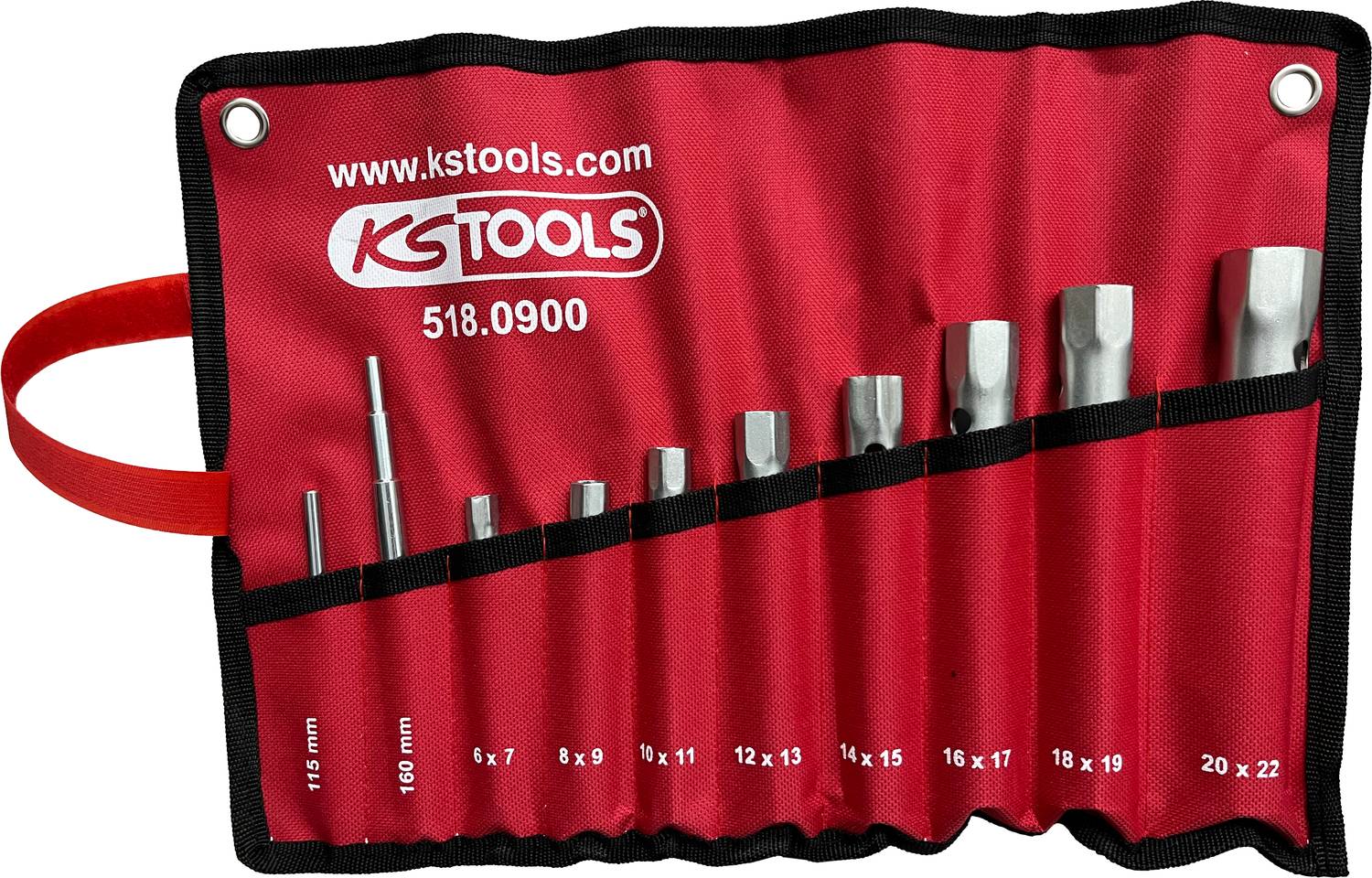 Czerwony zestaw narzędzi z dziewięcioma kluczami nasadowymi o różnych rozmiarach od 4 do 22 mm, z napisem 'kstools.com' oraz 'KS TOOLS'.