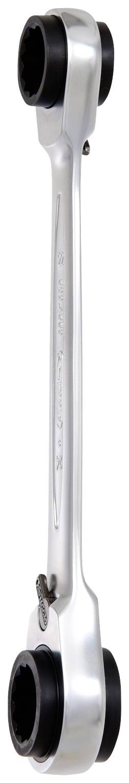 Srebrny klucz płasko-oczkowy z podwójną grzechotką i czarnym uchwytem, przydatny do dokręcania śrub o różnych rozmiarach.