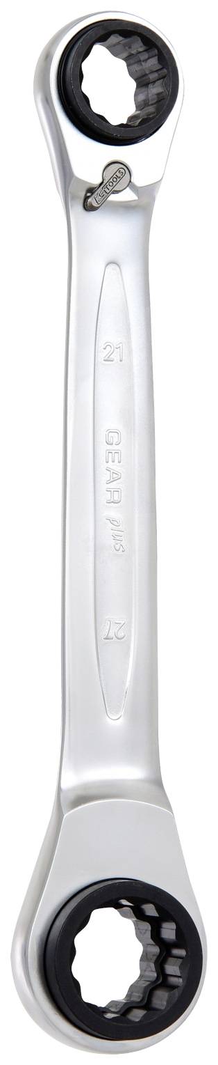 Klucz nastawny dwustronny, odpowiedni do różnych rozmiarów śrub. Srebrny z czarnymi pierścieniami na końcach.