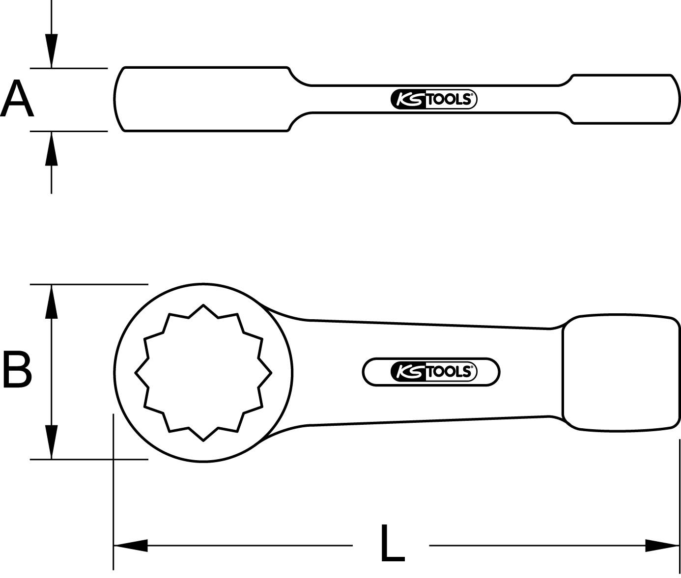 Rysunek klucza oczkowego z wymiarami szerokości (A, B) i długości (L), z podkreśloną marką 'KS Tools'.