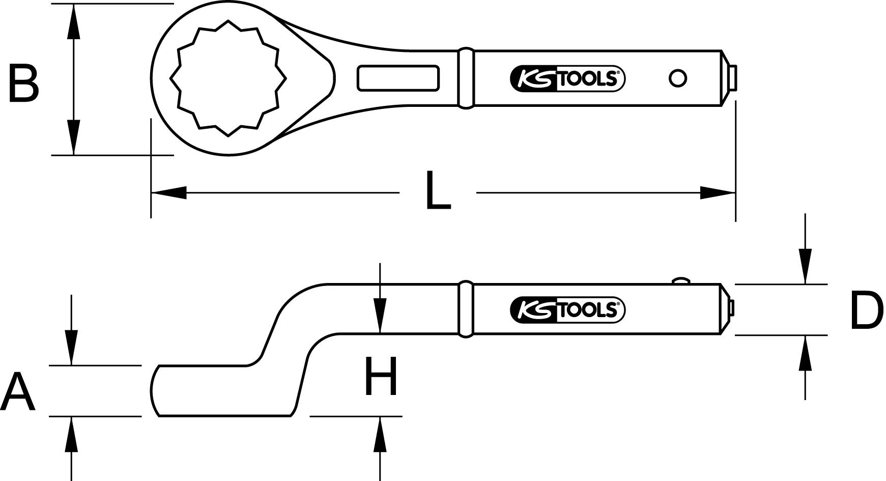 Rysunek klucza płasko-oczkowego z narzędzia 'KS Tools' z zaznaczonymi wymiarami: długość (L), szerokość (B), wysokość (H), średnica (D) oraz promień (A).