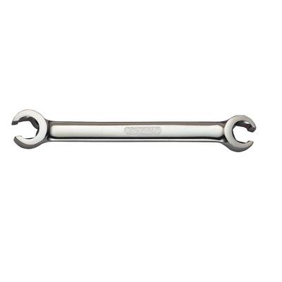 Metalowy klucz widełkowy, dwustronny, w jasnym odcieniu srebra. Odpowiedni do prac mechanicznych.