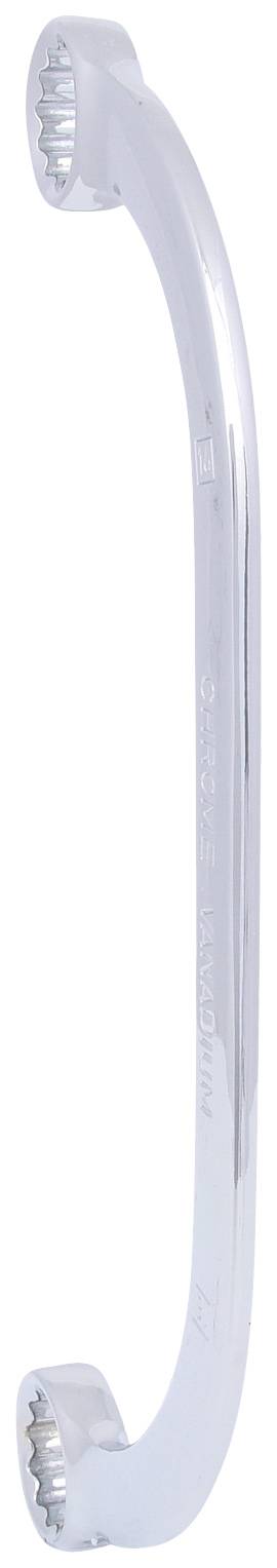 Srebrny, zakrzywiony klucz pierścieniowy z karbowanymi końcówkami. Narzędzia do prac mechanicznych.