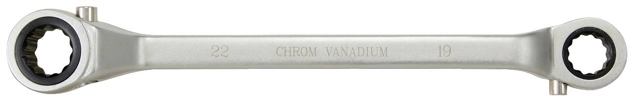 Srebrny klucz nasadowy z mechanizmem zapadkowym z oznaczeniami rozmiaru '22' i '19' na boku, przeznaczony do prac mechanicznych.