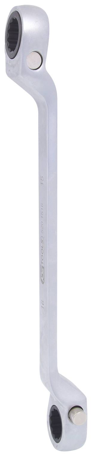 Srebrny klucz dwupierścieniowy z pierścieniem na każdym końcu. Klucz ma lekkie wygięcie pośrodku.