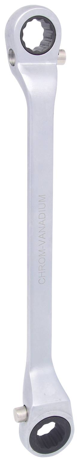 Srebrny klucz nastawny z dwoma końcówkami pierścieniowymi. Każdy pierścień posiada wielokątną końcówkę do różnych rozmiarów śrub.