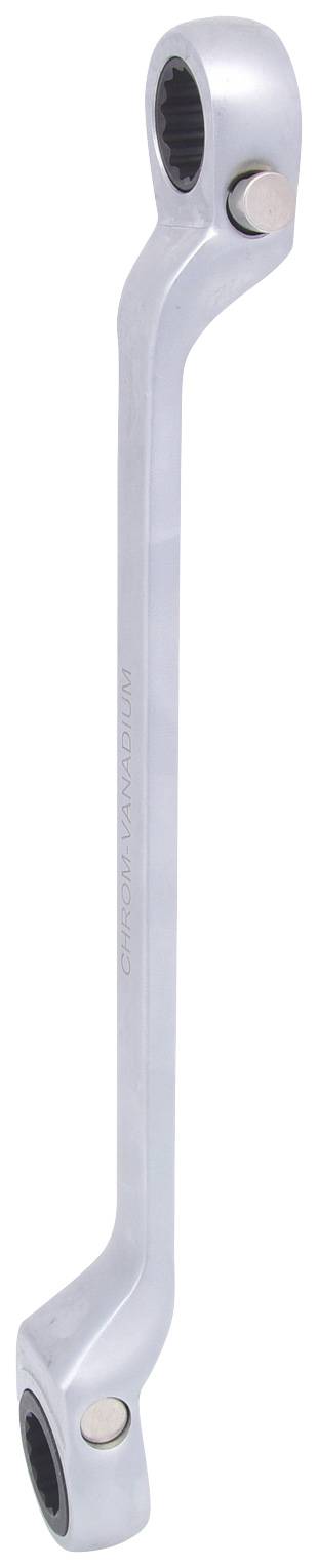 Klucz grzechotka o delikatnie wygiętym kształcie, wyposażony w mechanizm zapadkowy na każdym końcu, idealny do prac śrubowych w trudno dostępnych miejscach.