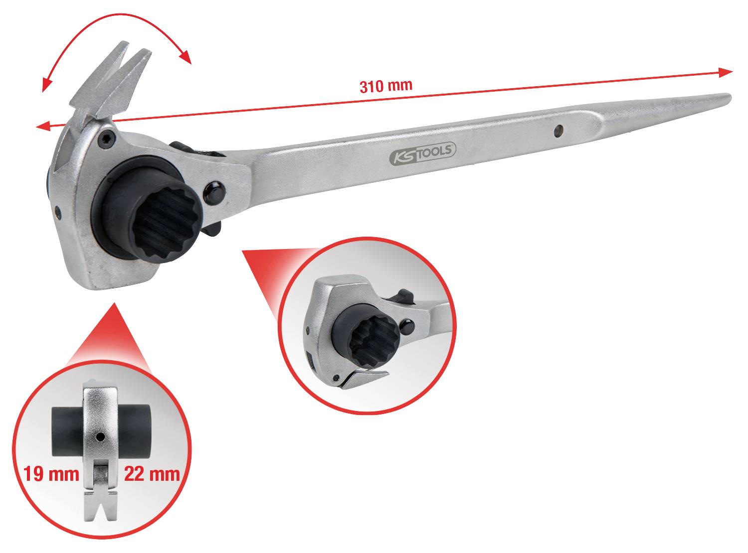 Klucz szczękowy z grzechotką o długości 310 mm, odpowiedni do nakrętek o rozmiarach 19 mm i 22 mm.