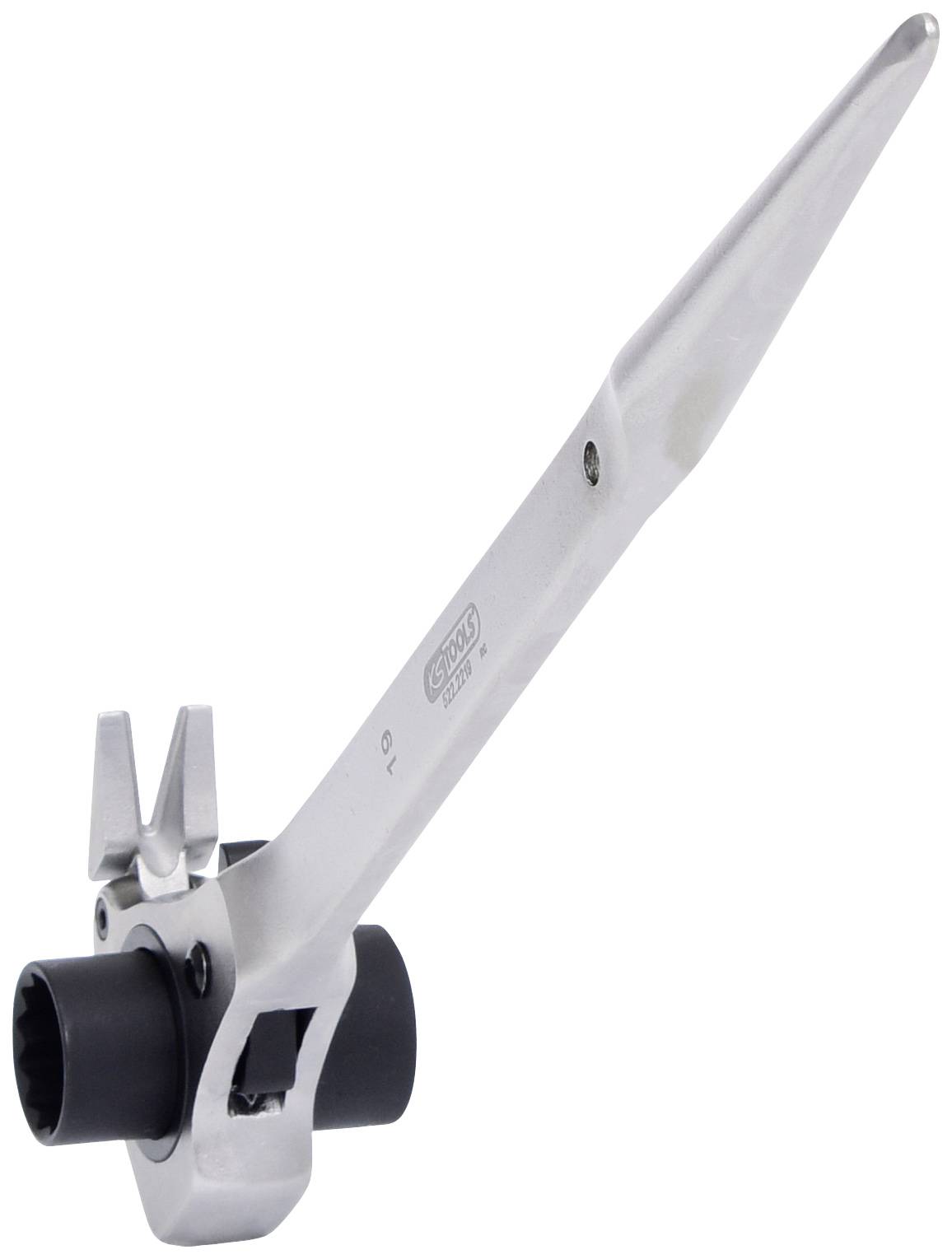 Metalowy klucz z długą rączką i mechanizmem grzechotki, stosowany w zastosowaniach mechanicznych do łatwego mocowania lub odkręcania elementów.