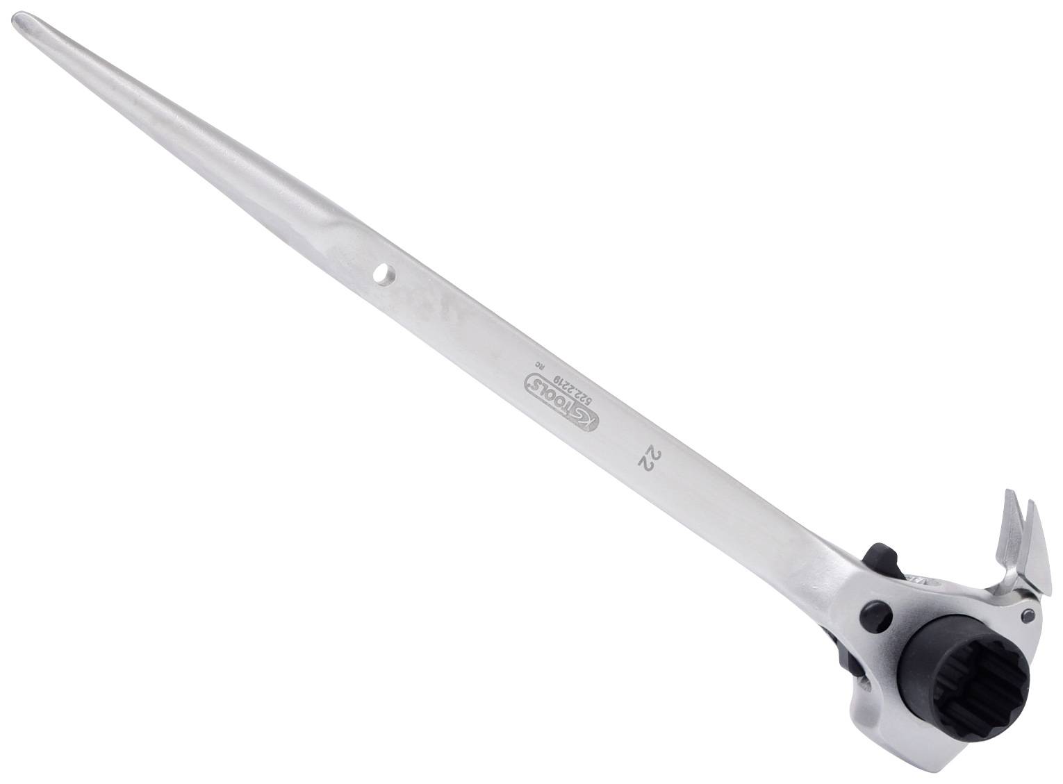 Langer srebrny dźwignik korbowy z wielowarstwowym uzębieniem na końcu. Narzędzie stosowane w pracach mechanicznych.