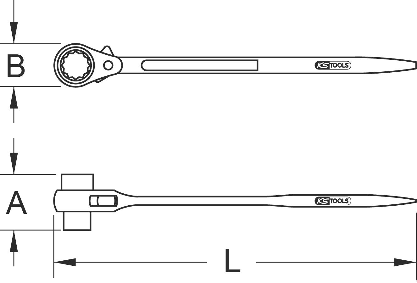 Klucz z grzechotką, L=długość całkowita, A=szerokość głowicy, B=wysokość głowicy. Narzędzie firmy KS Tools, widok z boku i z góry.