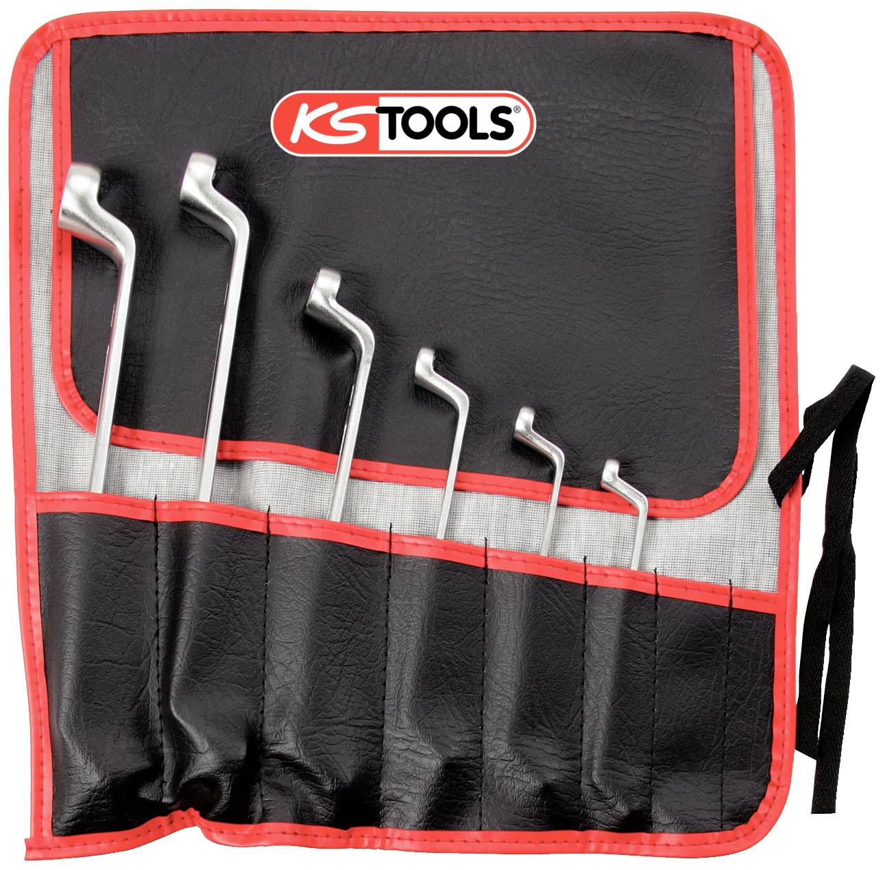 Zestaw siedmiu wygiętych wkrętaków w czarnej torbie z czerwoną obwódką, z logo "KS Tools" umieszczonym na górze torby.